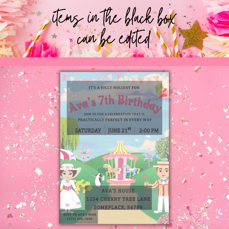 May include: A pink birthday invitation with the text "Ava's 7th Birthday". The invitation includes a carousel illustration and the text "Saturday June 21st 2:00 PM". The invitation also includes the address "1234 Cherry Tree Lane, Someplace, 56789".