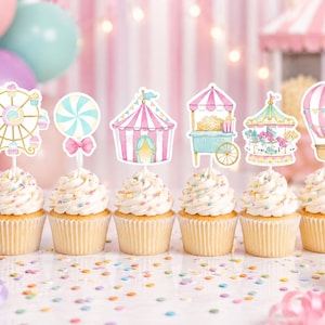 Carnival Cupcake Toppers - Set of 12. Carnival Theme Party. Carnival Birthday Decorations.