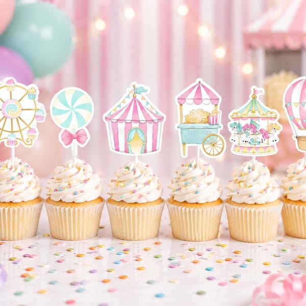 Carnival Cupcake Toppers - Set of 12. Carnival Theme Party. Carnival Birthday Decorations.