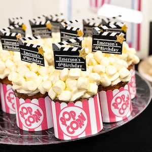 Movie Night Cupcake Toppers | Personalized Clapperboard Party Decor | Hollywood Birthday Decorations | Film Party Cupcake Picks