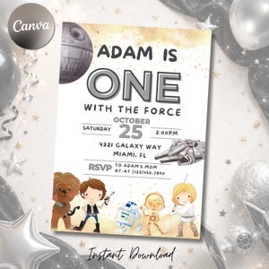 May include: A Star Wars-themed birthday invitation featuring the text "Adam is One" with the date October 25th. The design includes illustrations of Star Wars characters and the Death Star, with the words "Instant Download" at the bottom.