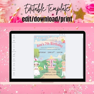 May include: A digital invitation template for Ava's 7th birthday, featuring a colorful carousel illustration. The invitation includes the text "Ava's 7th Birthday" and details for the party, with the option to edit, download, and print.