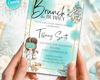 Brunch and Bubbly Bridal Shower Invitation Template Editable in Canva, Champagne Bridal Shower Invite, Brunch Party, Instant Download