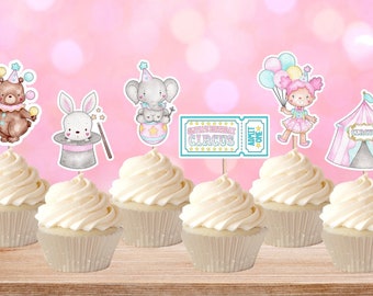 Pink Circus Cupcake Toppers - Set of 12. Circus Girls Birthday. Big Top Birthday.