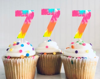 Tie Dye Cupcake Toppers - Set of 12. Tie Dye Party. Tie Dye Numbers.