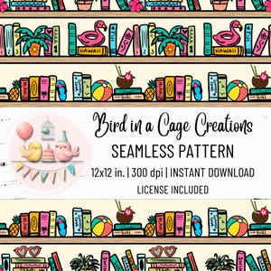 Summer Bookshelf Seamless Pattern 300 DPI PNG Download for Digital Papers Vinyl Fabric Surface Design Bookish Book Lovers - License Included