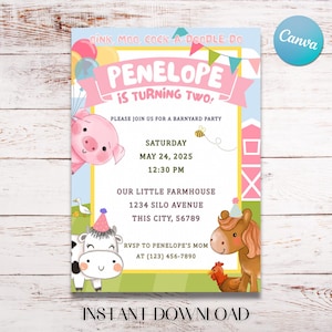 Invitation d'anniversaire à la ferme modifiable pour filles | Modèle de toile de fête de basse-cour | Invitation téléchargement numérique