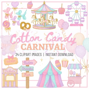 Cotton Candy Karneval Clipart-Set | Pastell Messe Clipart Bundle | Karussell Riesenrad Cupcake Zelt Cotton Candy PNG | Aquarell Karneval