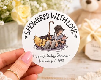 Classic Bear Baby Shower Stickers. Pooh Bear Theme Decorations. Pooh Bear Party Favors. Personalized Stickers.