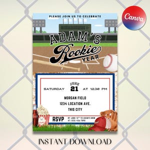 Editable Rookie Year First Birthday Invitation | Baseball 1st Birthday Invite | Canva Template | Instant Download