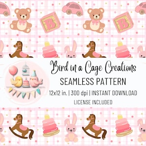Padrão sem emendas de brinquedos vintage para bebês meninas, 300 DPI, download PNG, papel digital pastel rosa fofo para bebês - licença incluída