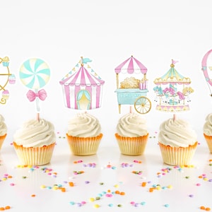 Carnival Cupcake Toppers - Set of 12. Carnival Theme Party. Carnival Birthday Decorations.