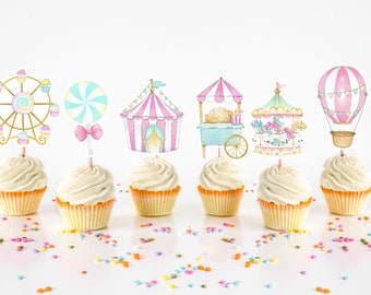 Carnival Cupcake Toppers - Set of 12. Carnival Theme Party. Carnival Birthday Decorations.