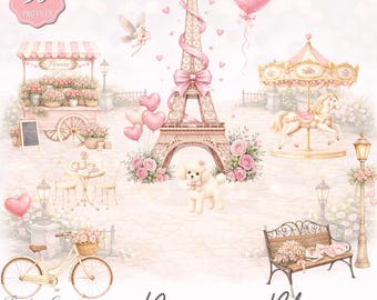 Paris in Bloom Valentine Clipart | Paris Valentine Watercolor Clipart | Eiffel Tower, Café, Bicycle, Carousel | Romantic Paris PNG