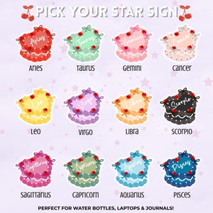 Cute Zodiac Sign Vinyl Stickers, Girly Astrology Aesthetic Cherry Cake Decals, Cottagecore Heart Shaped Waterproof Horoscope Stickers