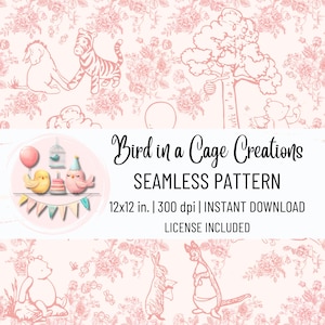 Pooh Bear Toile Seamless Pattern 300 DPI PNG Download Cute Pink Digital Paper - License Included