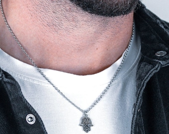 New Men's 1 5/8in 0.925 Sterling Silver Hamsa Protection Amulet Pendant Necklace