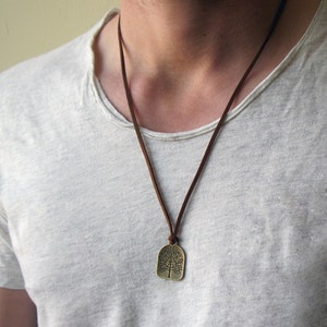 Mens Bronze Tree of Life Brown Suede Necklace , Mens Faux Suede Vegan Necklace , Men Tree Pendant , Mens Gift , Mens Necklace , Tree Jewelry image 1