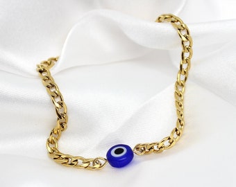 Handmade Evil Eye Bracelet for Men, Gold-Plated, Stainless Steel Chain, Adjustable, 7"-8.5" - Fits Wrist of 6"-8", Chain Bracelets