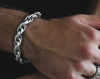 Mens Silver Stainless Steel Rope Chain Bracelet , Thick & Heavy Silver Bracelet , Mens Silver Bracelet , Mens Chain Bracelet , Mens Jewelry,