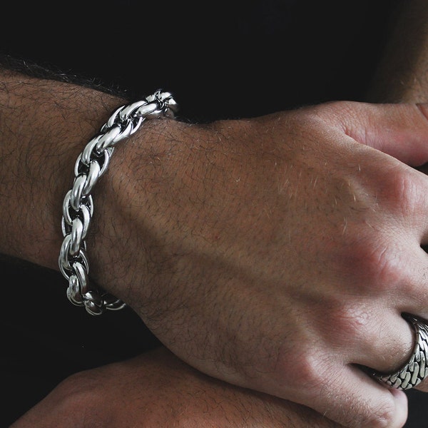 Mens Silver Stainless Steel Rope Chain Bracelet , Thick & Heavy Silver Bracelet , Mens Silver Bracelet , Mens Chain Bracelet , Mens Jewelry,