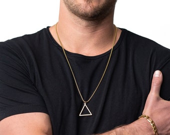 Mens Gold Triangle Necklace, Men's Geometric Necklace, Gold Triangle Pendant Necklace, Tribal Pyramid Necklace, gift for him