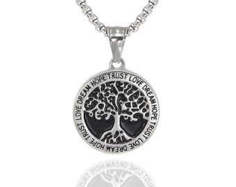 Men Silver Tree of Life Collar colgante de acero inoxidable, colgante de árbol, collar de cadena de plata para hombres, regalo para él.