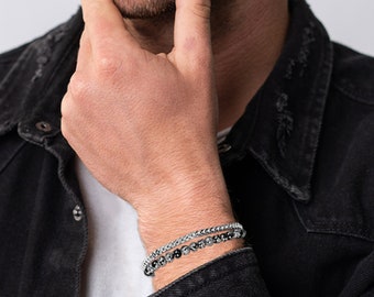 Baronyka Handmade Men's Bead Chain Bracelet Set, Stainless Steel & Obsidian Stone, Adjustable 7.5-8.5 Inch, Silver Plated