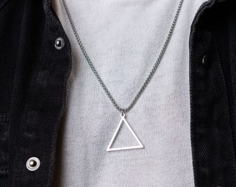 Mens Silver Triangle Necklace , Men's Geometric Necklace , Silver Triangle Pendant Necklace, Tribal Pyramid Necklace, gift for him