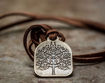 Mens Bronze Tree of Life on Brown Suede  Cord Necklace  , Faux Suede Vegan , Men Tree Pendant , Mens Gift , Mens Necklace , Tree Jewelry