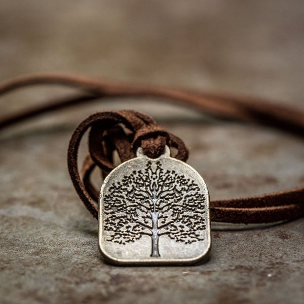 Mens Bronze Tree of Life on Brown Suede  Cord Necklace  , Faux Suede Vegan , Men Tree Pendant , Mens Gift , Mens Necklace , Tree Jewelry