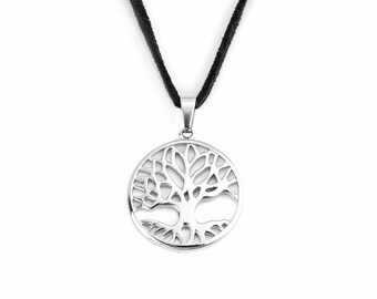 Mens Silver Tree of Life Necklace , Mens Leather Necklace , Men Tree of Life Pendant , Mens Silver Necklace , Mens Necklace , Tree Jewelry