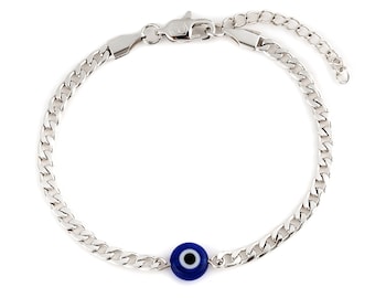 Handmade Evil Eye Bracelet for Men, Stainless Steel Chain, Adjustable, 7"-8.5" - Fits Wrist of 6"-8"