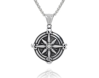 Mens Silver Compass Necklace, Men's Silver Necklace, Stainless Steel Pendant, Mens Jewelry , Necklaces For Men, Jewelry For Men, Men's Gift