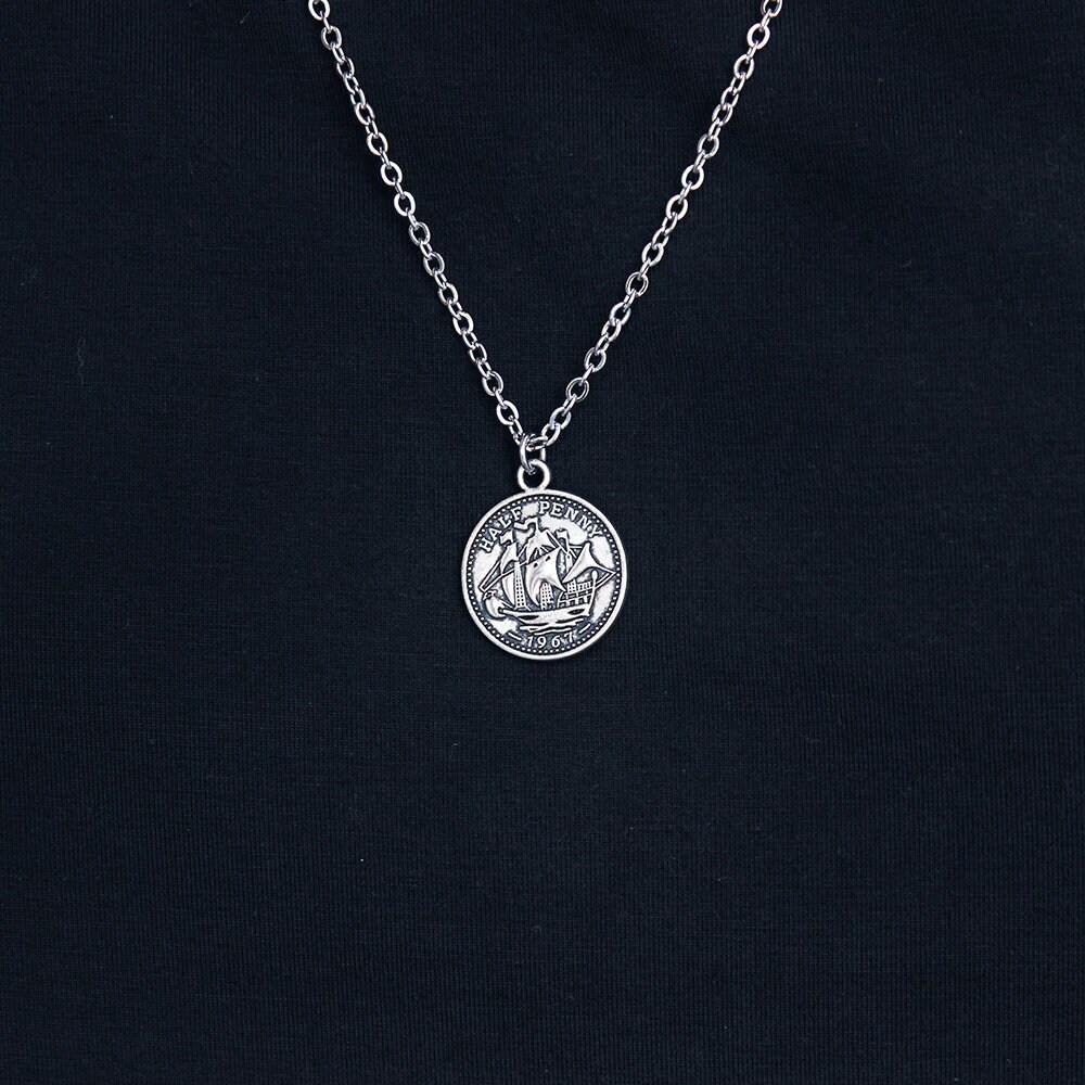 Silver Ship Coin Necklace Mens Silver 