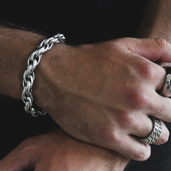 Mens Silver Stainless Steel Rope Chain Bracelet Thick Heavy