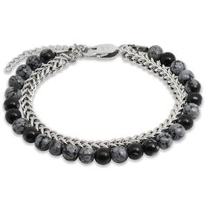 Baronyka Handmade Men's Bead Chain Bracelet Set, Stainless Steel & Obsidian Stone, Adjustable 7.5-8.5 Inch, Silver Plated Bild 4