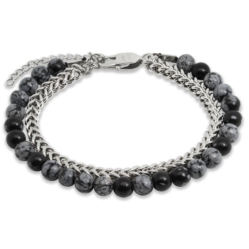 Baronyka Juego de pulsera de cadena de cuentas hecha a mano para hombre, acero inoxidable y piedra de obsidiana, ajustable de 7,5 a 8,5 pulgadas, chapado en plata imagen 4