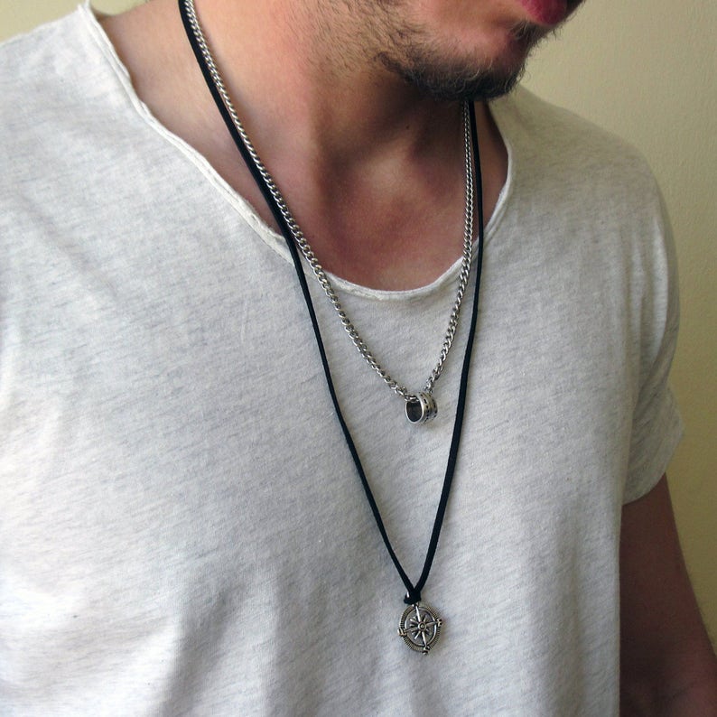 Mens Layered Necklace Set Mens compass Necklace Leather Etsy