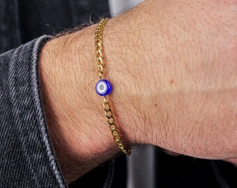 Handmade Evil Eye Bracelet for Men, Gold-Plated, Stainless Steel Chain, Adjustable, 7"-8.5" - Fits Wrist of 6"-8", Chain Bracelets