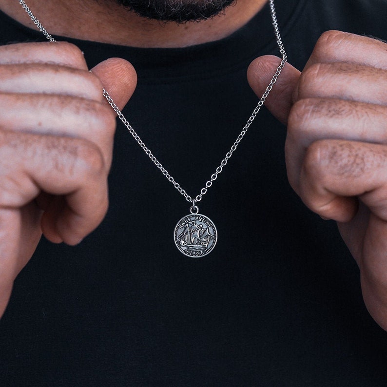 Silver Ship Coin Necklace Mens Silver Necklace Mens Etsy