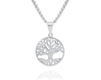 Men's Adjustable Tree of Life Pendant Necklace - Stainless Steel Chain, 24-26 inch Length