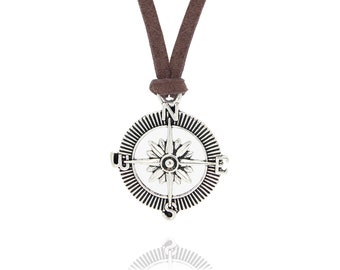 Mens Silver Compass on Brown Suede Cord Necklace , Faux Suede Vegan Necklace , Mens Necklace , Gift For Adventurer , Motivational Jewelry