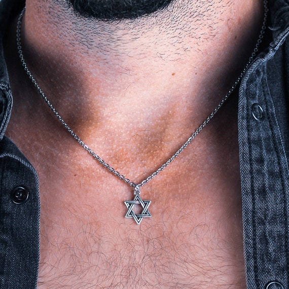 Mens Silver Star of David Necklace 18 