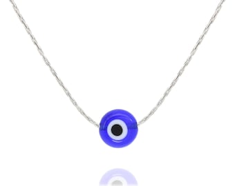 Women's Handmade Silver Evil Eye Pendant Necklace, Stainless Steel with Blue Eye Glass Bead, 15"-17" Adjustable with Lobster Clasp Closure