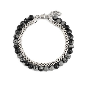 Baronyka Handmade Men's Bead Chain Bracelet Set, Stainless Steel & Obsidian Stone, Adjustable 7.5-8.5 Inch, Silver Plated Bild 2