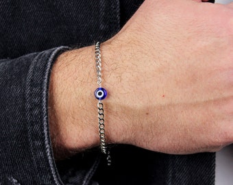 Handmade Evil Eye Bracelet for Men, Stainless Steel Chain, Adjustable, 7"-8.5" - Fits Wrist of 6"-8", Silver-Plated