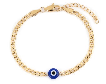 Evil Eye Bracelet for Men, Handmade Mens Jewelry, Gold-Plated, Stainless Steel, Adjustable Chain Bracelet