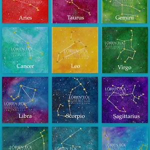 Conjuntos de tarjetas con ilustraciones de constelaciones de estrellas del zodíaco: conjunto de los 12 signos del zodíaco