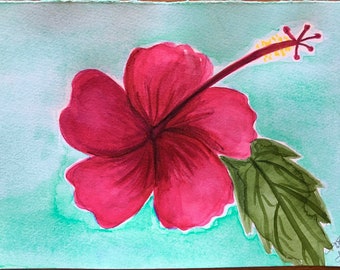 Pintura original em aquarela Flores tropicais: Fúcsia Hibisco